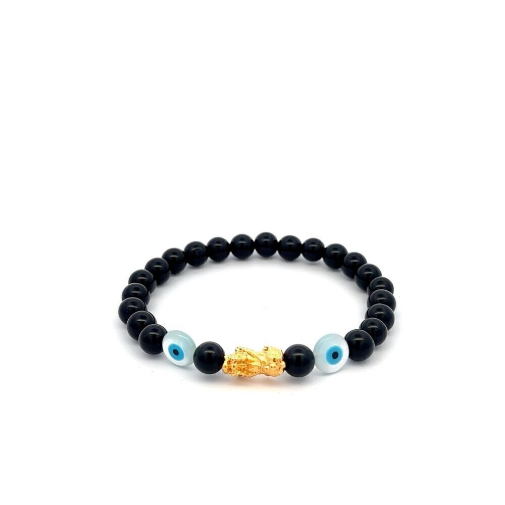 18K Gold Dragon Pixiu Piyao Lucky Charm Bracelet Gemstones Onyx 6mm Evil Eye